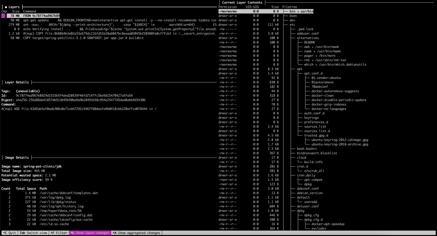 Docker image overview using Dive tool of a basic Dockerfile